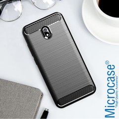 Microcase Xiaomi Redmi 8A Brushed Carbon Fiber Silikon Kılıf - Siyah + Tam Kaplayan Çerçeveli Cam