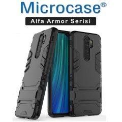 Microcase Xiaomi Redmi Note 8 Pro Alfa Serisi Armor Standlı Perfect Koruma Kılıf - Siyah + Tempered Glass Cam Koruma