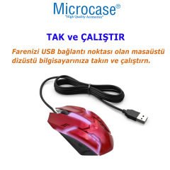 Microcase 1600  DPI  USB Kablolu RGB Ledli  Optik  Mouse-AL4624   YK4506 Kırmızı