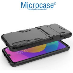 Microcase Xiaomi Mi 9 Lite Alfa Serisi Armor Standlı Perfect Koruma Kılıf - Siyah + Tam Kaplayan Cam Koruma