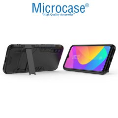 Microcase Xiaomi Mi 9 Lite Alfa Serisi Armor Standlı Perfect Koruma Kılıf - Siyah + Tam Kaplayan Cam Koruma