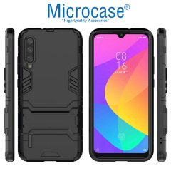 Microcase Xiaomi Mi 9 Lite Alfa Serisi Armor Standlı Perfect Koruma Kılıf - Siyah + Tam Kaplayan Cam Koruma