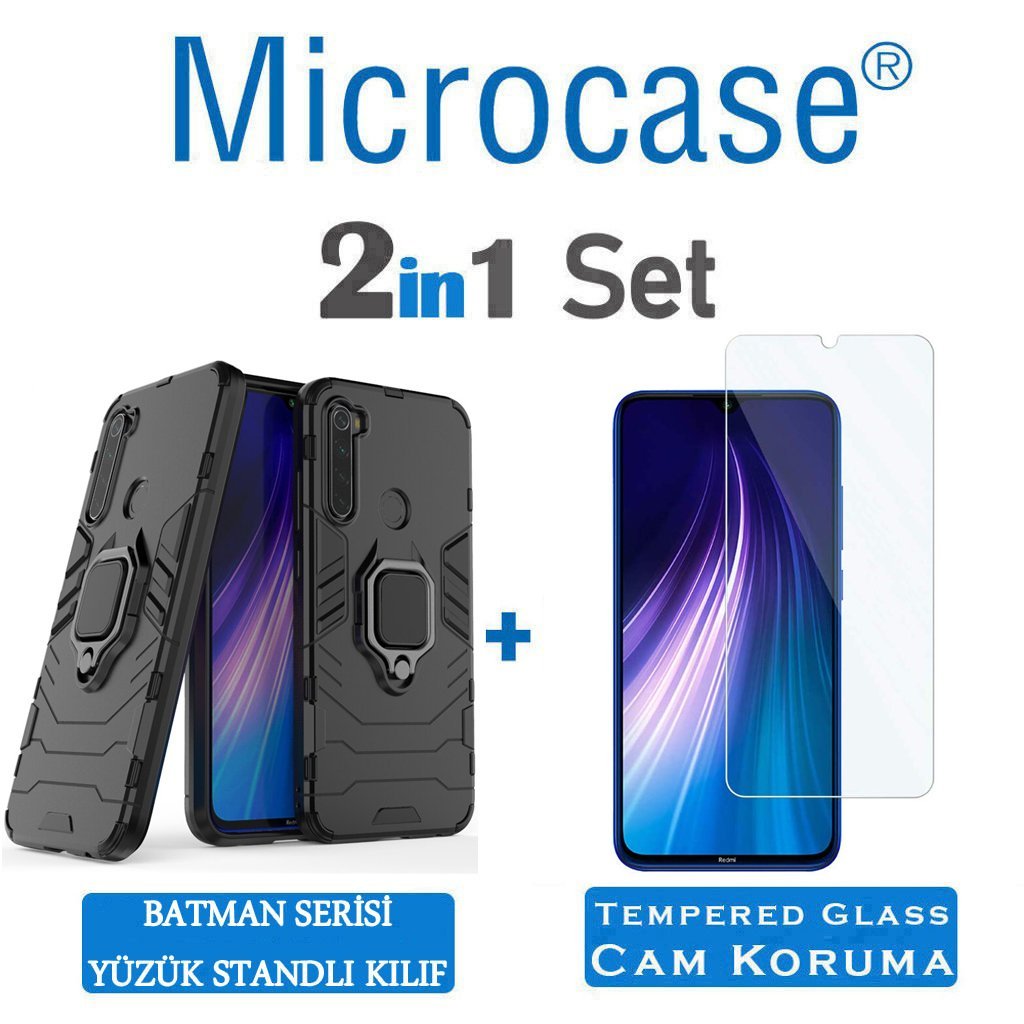 Microcase Xiaomi Redmi Note 8 Batman Serisi Yüzük Standlı Armor Kılıf - Siyah + Tempered Glass Cam Koruma