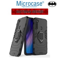 Microcase Xiaomi Redmi Note 8 Batman Serisi Yüzük Standlı Armor Kılıf - Siyah + Tempered Glass Cam Koruma