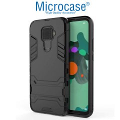 Microcase Huawei Mate 30 Lite Alfa Serisi Armor Standlı Perfect Koruma Kılıf - Siyah + Tam Kaplayan Cam Koruma