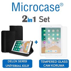 Microcase iPad 9.7 2018 Delüx Serisi Universal Standlı Deri Kılıf - Siyah + Tempered Glass Cam Koruma