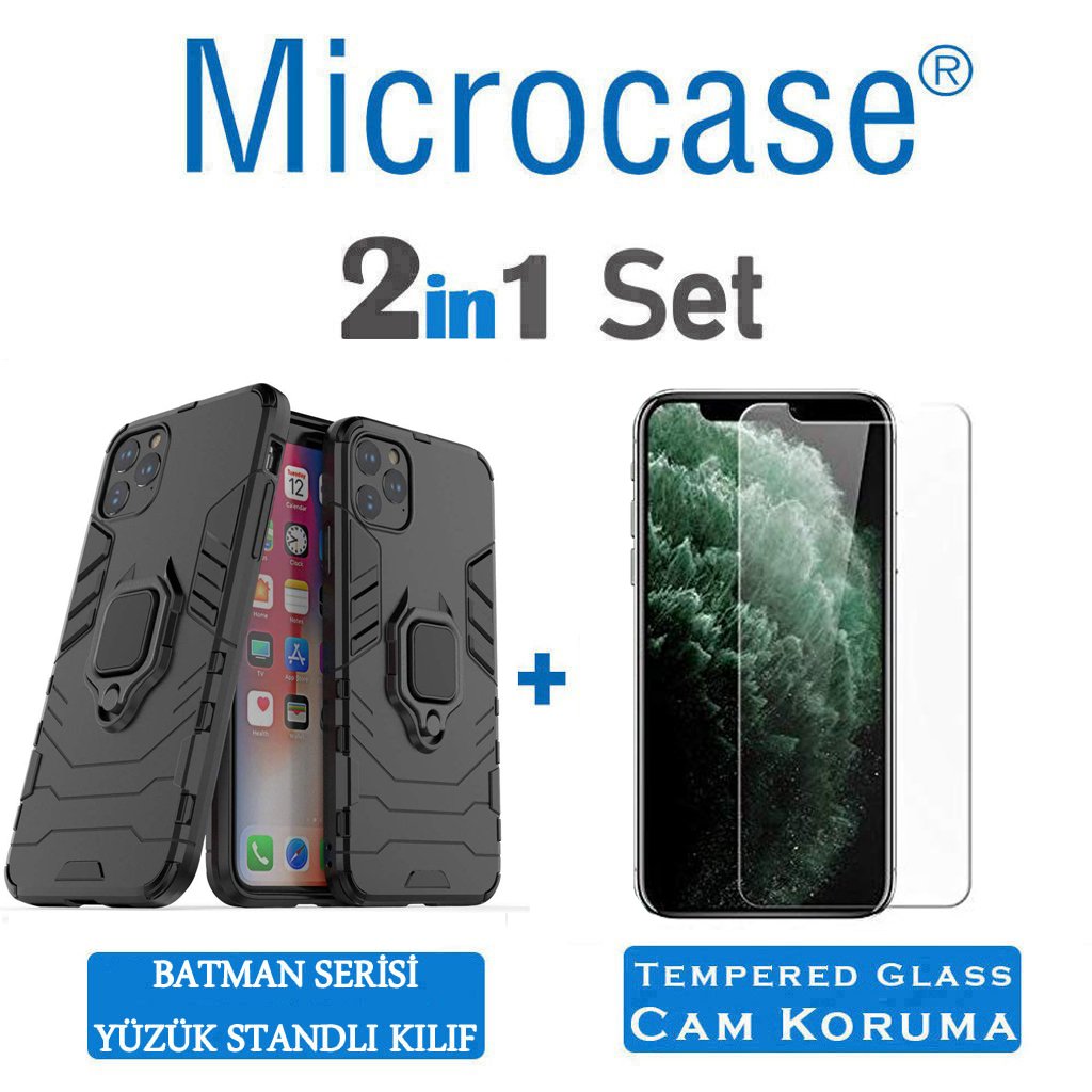Microcase iPhone 11 Pro Max Batman Serisi Yüzük Standlı Armor Kılıf - Siyah + Tempered Glass Cam Koruma