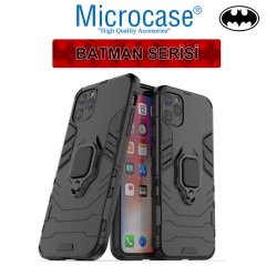 Microcase iPhone 11 Pro Max Batman Serisi Yüzük Standlı Armor Kılıf - Siyah + Tempered Glass Cam Koruma