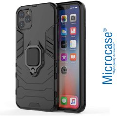 Microcase iPhone 11 Pro Max Batman Serisi Yüzük Standlı Armor Kılıf - Siyah + Tempered Glass Cam Koruma