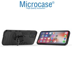 Microcase iPhone 11 Pro Max Batman Serisi Yüzük Standlı Armor Kılıf - Siyah + Tempered Glass Cam Koruma