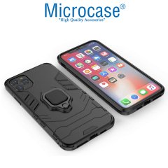Microcase iPhone 11 Pro Max Batman Serisi Yüzük Standlı Armor Kılıf - Siyah + Tempered Glass Cam Koruma
