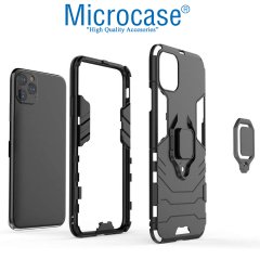 Microcase iPhone 11 Pro Max Batman Serisi Yüzük Standlı Armor Kılıf - Siyah + Tempered Glass Cam Koruma