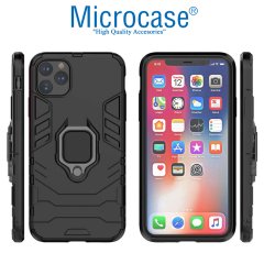 Microcase iPhone 11 Pro Max Batman Serisi Yüzük Standlı Armor Kılıf - Siyah + Tempered Glass Cam Koruma