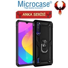 Microcase Xiaomi Mi A3 - Mi CC9e Anka Serisi Yüzük Standlı Armor Kılıf - Siyah + Tempered Glass Cam Koruma