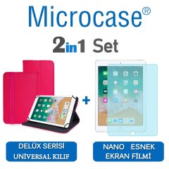 Microcase iPad 9.7 2018 Delüx Serisi Universal Standlı Deri Kılıf - Pembe + Nano Esnek Ekran Koruma Filmi