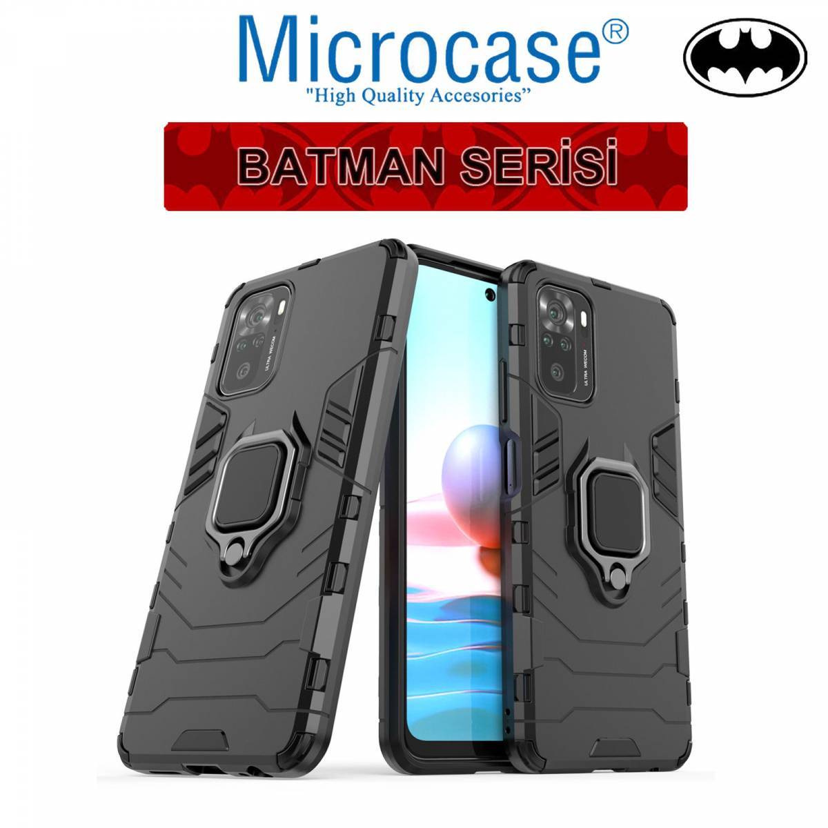Microcase Xiaomi Redmi Note 10S Batman Serisi Yüzük Standlı Armor Kılıf - Siyah