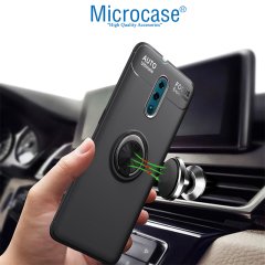 Microcase Oppo Reno Focus Serisi Yüzük Standlı Silikon Kılıf - Siyah + Tempered Glass Cam Koruma