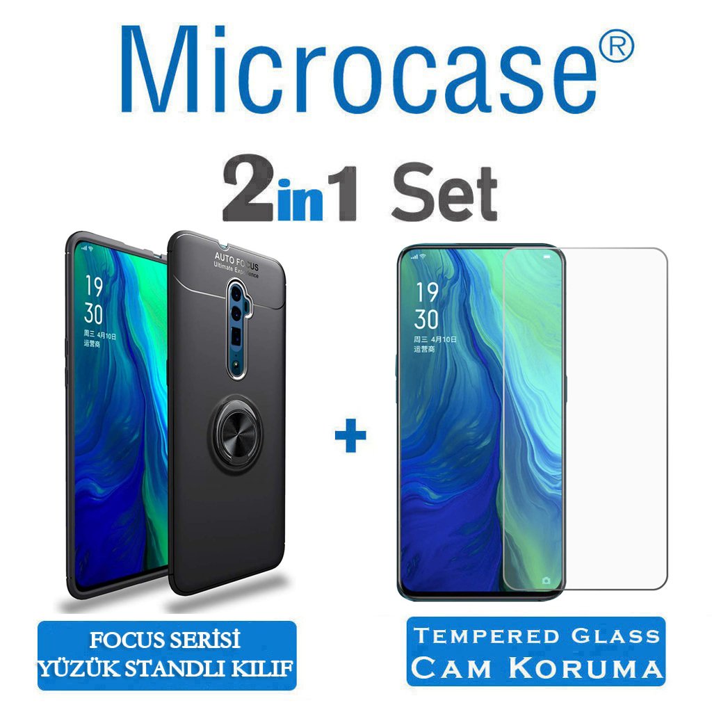 Microcase Oppo Reno 10x Zoom Focus Serisi Yüzük Standlı Silikon Kılıf - Siyah + Tempered Glass Cam Koruma