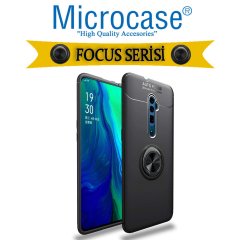 Microcase Oppo Reno 10x Zoom Focus Serisi Yüzük Standlı Silikon Kılıf - Siyah + Tempered Glass Cam Koruma
