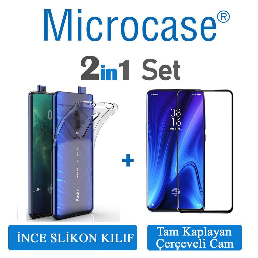 Microcase Xiaomi Redmi K20 Ultra İnce 0.2 mm Soft Silikon Kılıf + Tam Kaplayan Çerçeveli Cam
