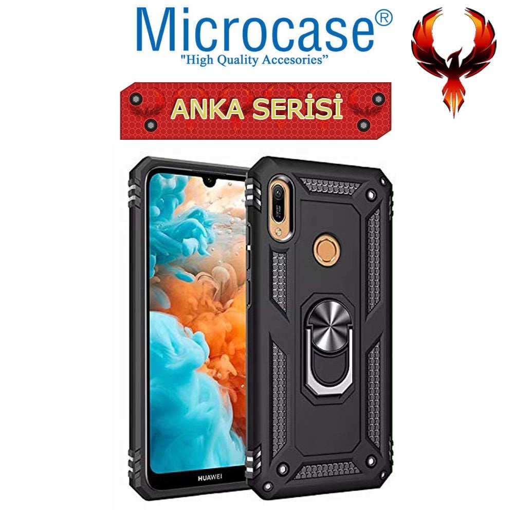 Microcase Huawei Y6S 2019 - Y6 2019 Anka Serisi Yüzük Standlı Armor Kılıf - Siyah