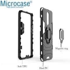 Microcase Xiaomi Redmi 8 Batman Serisi Yüzük Standlı Armor Kılıf - Siyah + Tam Kaplayan Çerçeveli Cam