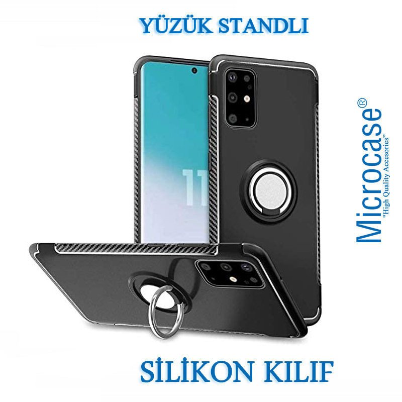 Microcase Samsung Galaxy S20 Plus Yüzük Standlı Armor Silikon Kılıf - Siyah
