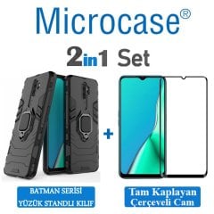 Microcase Oppo A5 2020 - A9 2020 Batman Serisi Yüzük Standlı Armor Kılıf - Siyah + Tam Kaplayan Çerçeveli Cam