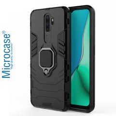 Microcase Oppo A5 2020 - A9 2020 Batman Serisi Yüzük Standlı Armor Kılıf - Siyah + Tam Kaplayan Çerçeveli Cam
