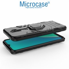 Microcase Oppo A5 2020 - A9 2020 Batman Serisi Yüzük Standlı Armor Kılıf - Siyah + Tam Kaplayan Çerçeveli Cam