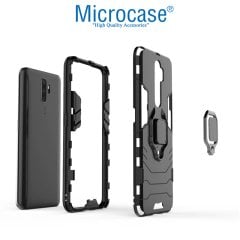 Microcase Oppo A5 2020 - A9 2020 Batman Serisi Yüzük Standlı Armor Kılıf - Siyah + Tam Kaplayan Çerçeveli Cam