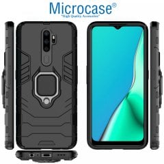 Microcase Oppo A5 2020 - A9 2020 Batman Serisi Yüzük Standlı Armor Kılıf - Siyah + Tam Kaplayan Çerçeveli Cam
