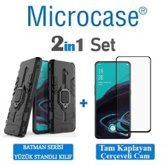 Microcase Oppo Reno 2 Batman Serisi Yüzük Standlı Armor Kılıf - Siyah + Tam Kaplayan Çerçeveli Cam