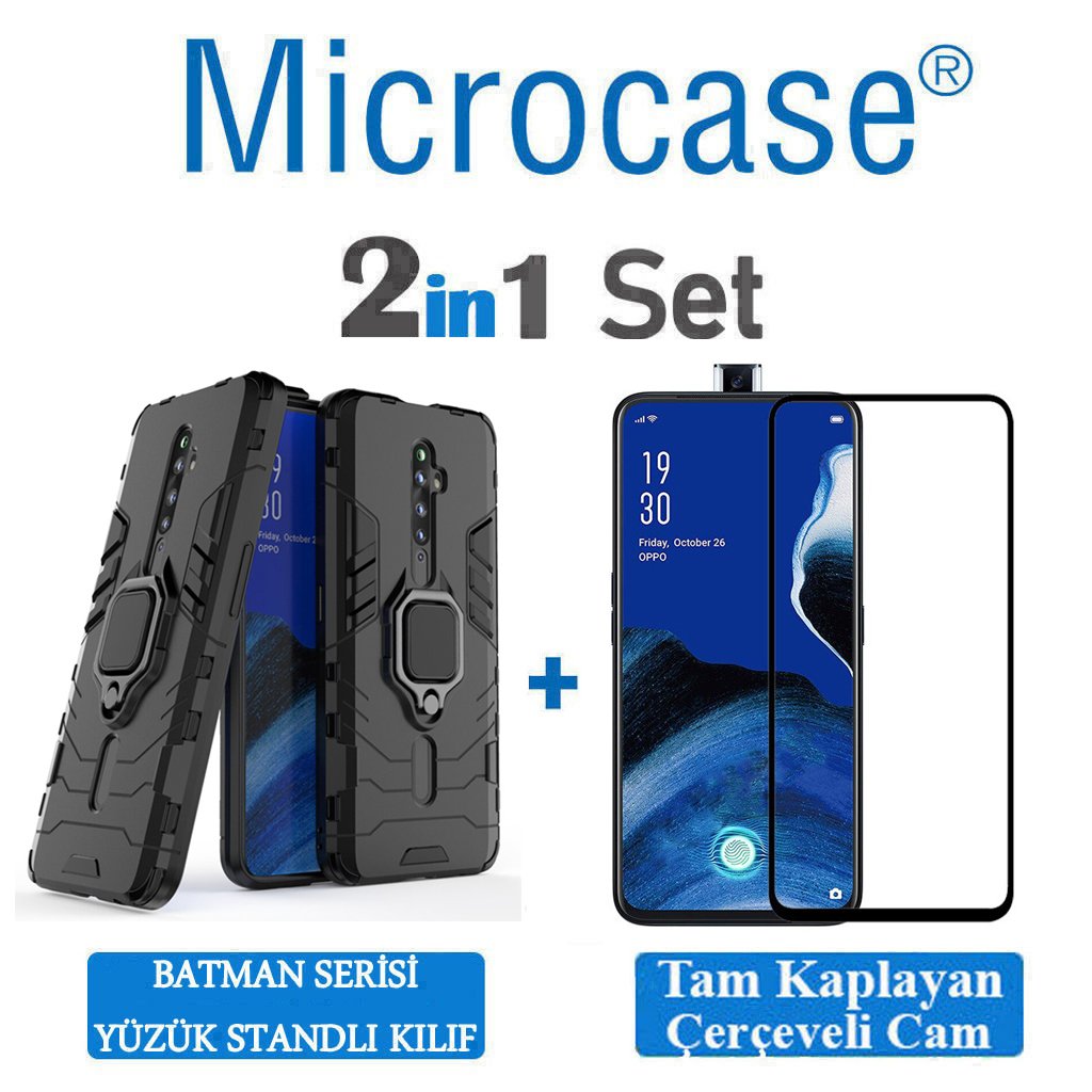 Microcase Oppo Reno 2Z Batman Serisi Yüzük Standlı Armor Kılıf - Siyah + Tam Kaplayan Çerçeveli Cam