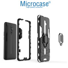 Microcase Oppo Reno 2Z Batman Serisi Yüzük Standlı Armor Kılıf - Siyah + Tam Kaplayan Çerçeveli Cam