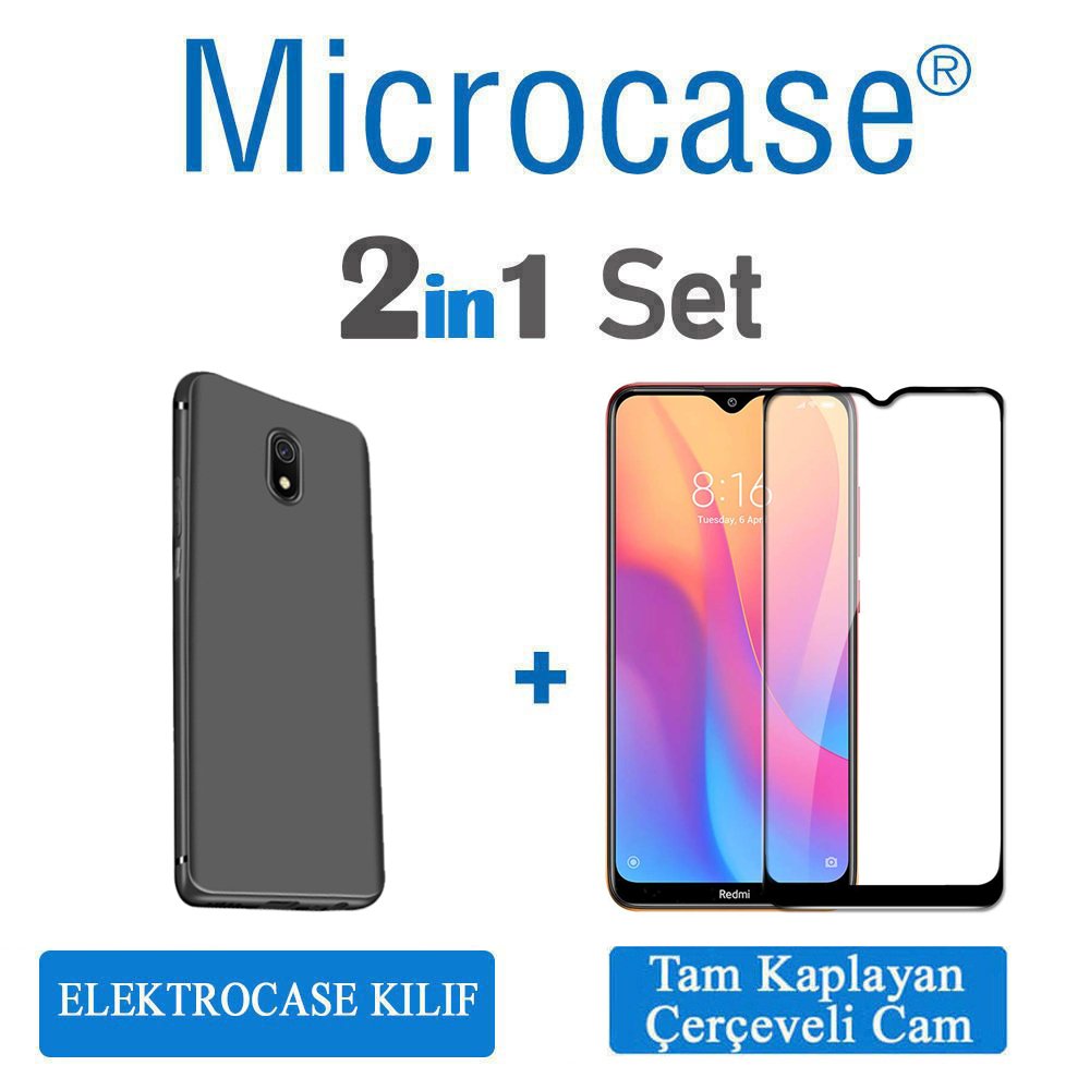 Microcase Xiaomi Redmi 8A Elektrocase Serisi Silikon Kılıf - Siyah + Tam Kaplayan Çerçeveli Cam