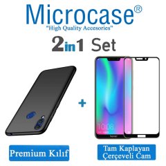 Microcase Huawei Honor 8C Premium Matte Silikon Kılıf - Siyah + Tam Kaplayan Çerçeveli Cam
