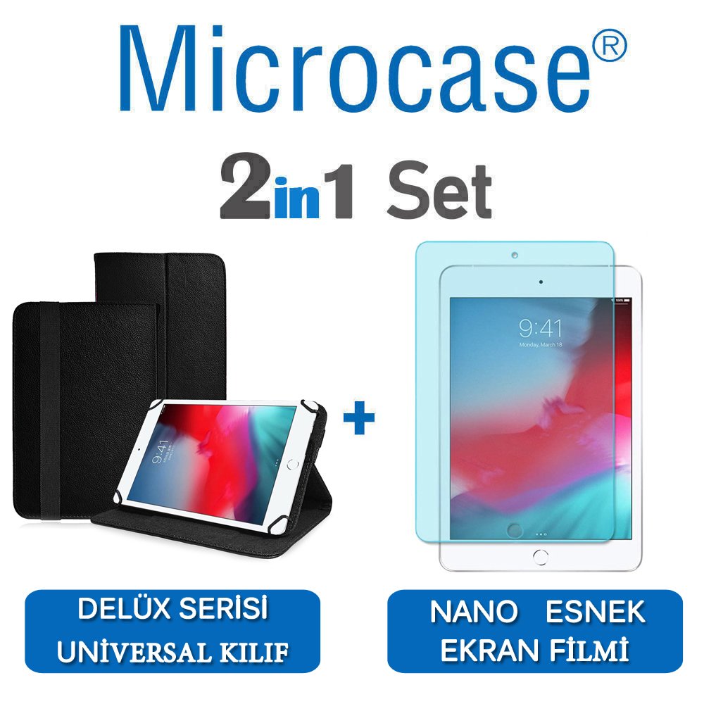 Microcase iPad Mini 5 2019 Delüx Serisi Universal Standlı Deri Kılıf - Siyah + Nano Esnek Ekran Koruma