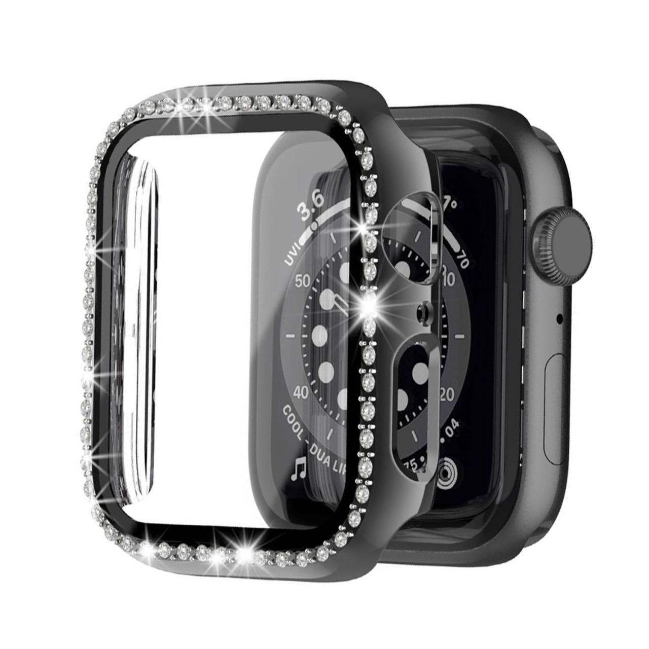 Microcase Apple Watch 7 45mm Elmas Taş Camlı Rubber Kılıf - Siyah