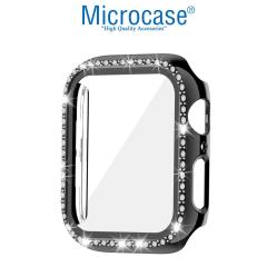 Microcase Apple Watch 7 45mm Elmas Taş Camlı Rubber Kılıf - Siyah