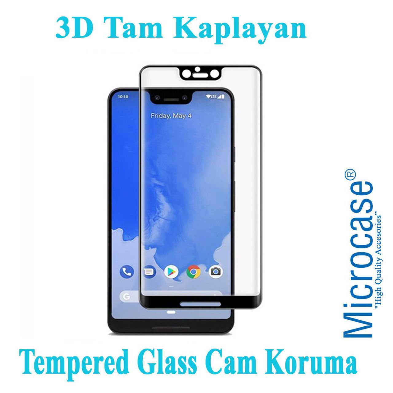 Microcase Google Pixel 3 XL 3D Curved Tam Kaplayan Tempered Glass Cam Koruma - Siyah