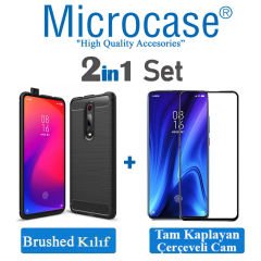 Microcase Xiaomi Redmi K20 Pro Brushed Carbon Fiber Silikon Kılıf- Siyah + Tam Kaplayan Çerçeveli Cam
