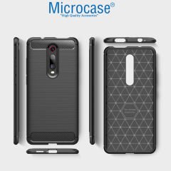 Microcase Xiaomi Redmi K20 Pro Brushed Carbon Fiber Silikon Kılıf- Siyah + Tam Kaplayan Çerçeveli Cam