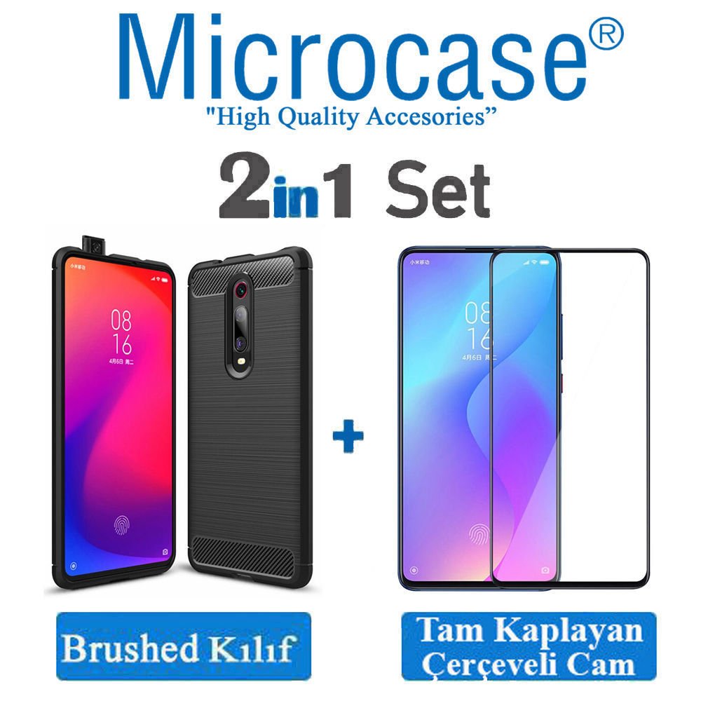 Microcase Xiaomi Mi 9T  Brushed Carbon Fiber Silikon Kılıf- Siyah + Tam Kaplayan Çerçeveli Cam
