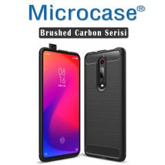 Microcase Xiaomi Mi 9T  Brushed Carbon Fiber Silikon Kılıf- Siyah + Tam Kaplayan Çerçeveli Cam
