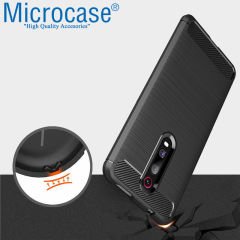 Microcase Xiaomi Mi 9T  Brushed Carbon Fiber Silikon Kılıf- Siyah + Tam Kaplayan Çerçeveli Cam