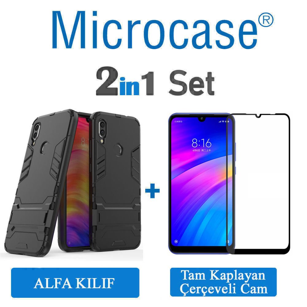 Microcase Xiaomi Redmi 7 Alfa Serisi Armor Standlı Perfect Koruma Kılıf + Tam Kaplayan Çerçeveli Cam - Siyah