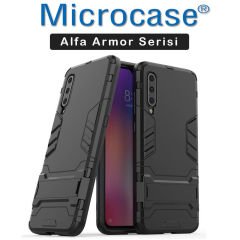 Microcase Xiaomi Mi 9 Explorer Alfa Serisi Armor Standlı Perfect Koruma Kılıf + Tam Kaplayan Çerçeveli Cam - Siyah