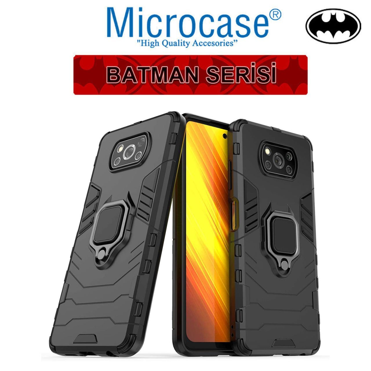 Microcase Xiaomi Poco X3 NFC Batman Serisi Yüzük Standlı Armor Kılıf - Siyah