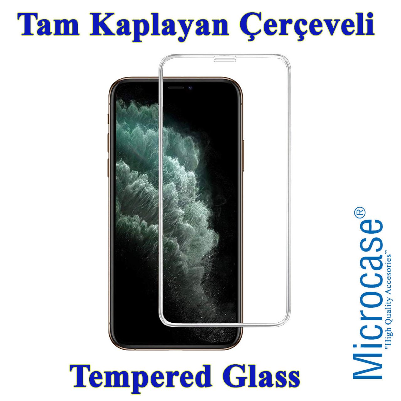 Microcase iPhone 11 Pro Max Tam Kaplayan Çerçeveli Tempered Ekran Koruyucu - BEYAZ